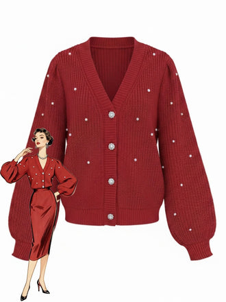 Red 1950s Solid Pearl Beading Loose Knit Cardigan - vintage fashion, retro style, elegant red