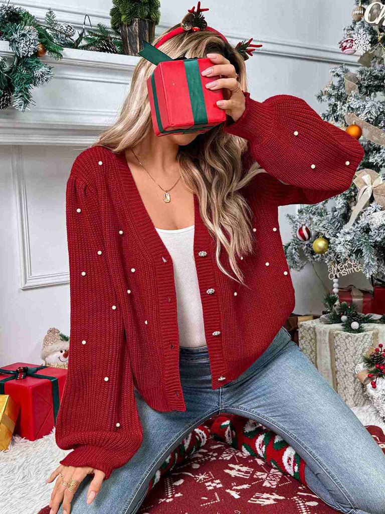 Red 1950s Solid Pearl Beading Loose Knit Cardigan, vintage fashion, retro style - perfect for women who love vintage and retro fashion