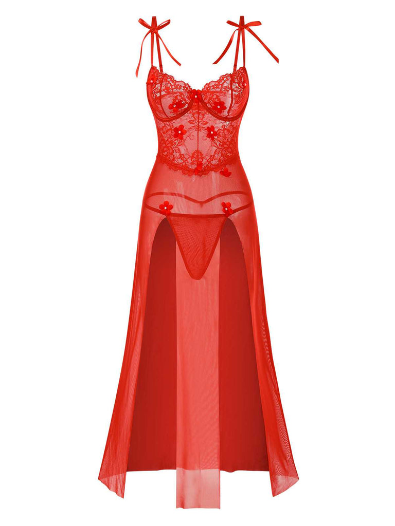 Red 1950s Spaghetti Strap Lace 3D Flower Nightgown - vintage nightgown, retro sleepwear, elegant red