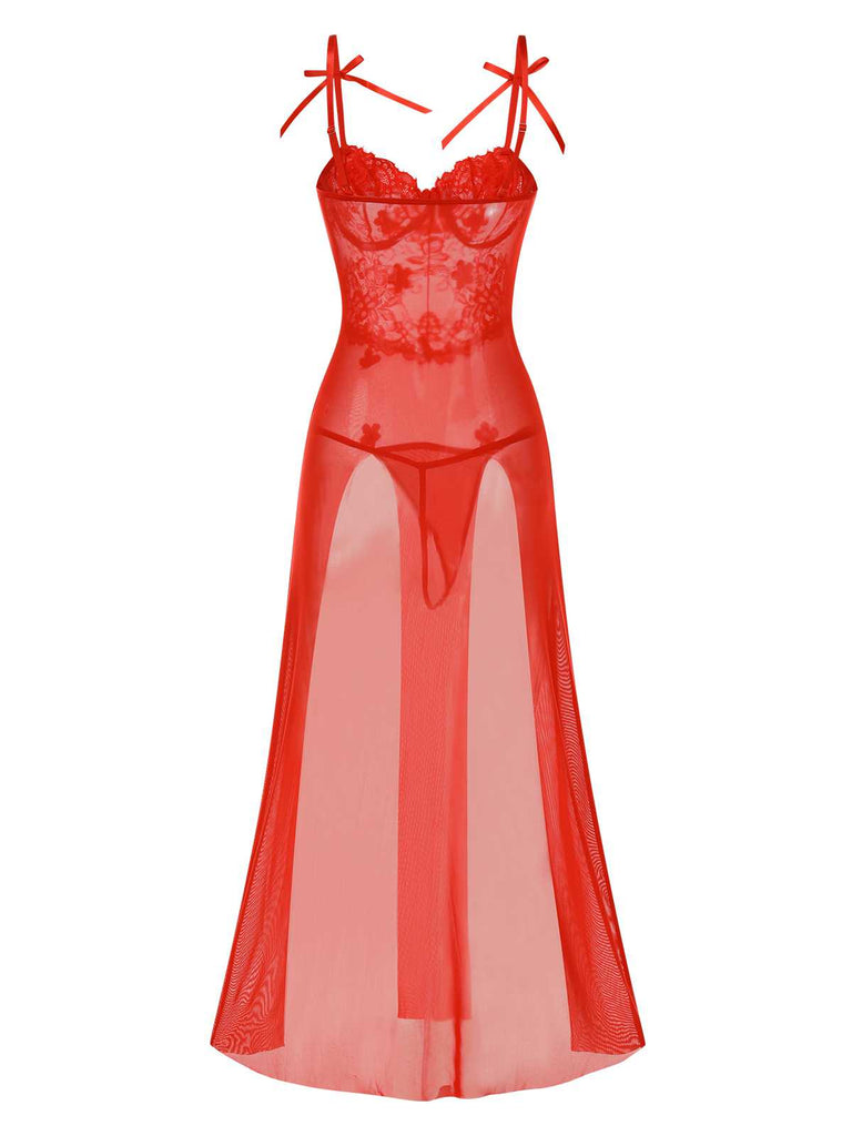 Red 1950s Spaghetti Strap Lace 3D Flower Nightgown - vintage nightgown, retro sleepwear, elegant red