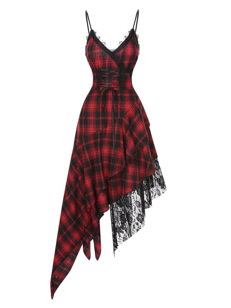 She slips into this Red 1950s Spaghetti Straps Plaid Irregular Hem Dress and suddenly it's a 1950s daydream