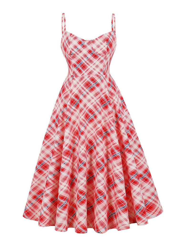 Red 1950s Spaghetti Straps Plaid Swing Dress - vintage dress, retro fashion, rockabilly