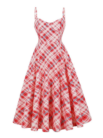 Red 1950s Spaghetti Straps Plaid Swing Dress - vintage dress, retro fashion, rockabilly