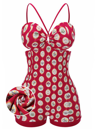 Red 1950s Strap Floral One-piece Swimsuit, vintage swimsuit, pin-up swimwear - perfect for women who love vintage and retro fashion
