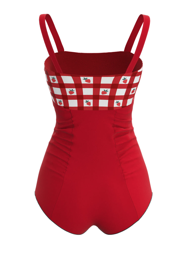 Red 1950s Strawberry Plaid Suspender Swimsuit, vintage swimsuit, pin-up swimwear - perfect for women who love vintage and retro fashion