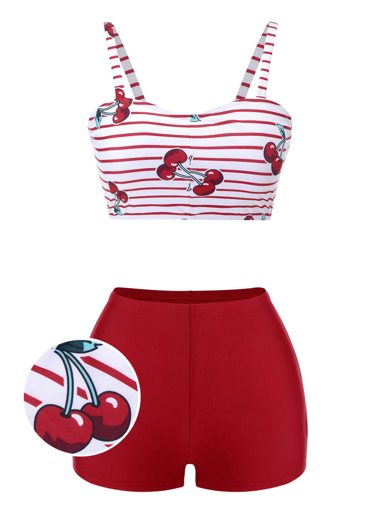 Red 1950s Striped Cherry Strap Swimsuit, vintage swimsuit, pin-up swimwear - perfect for women who love vintage and retro fashion