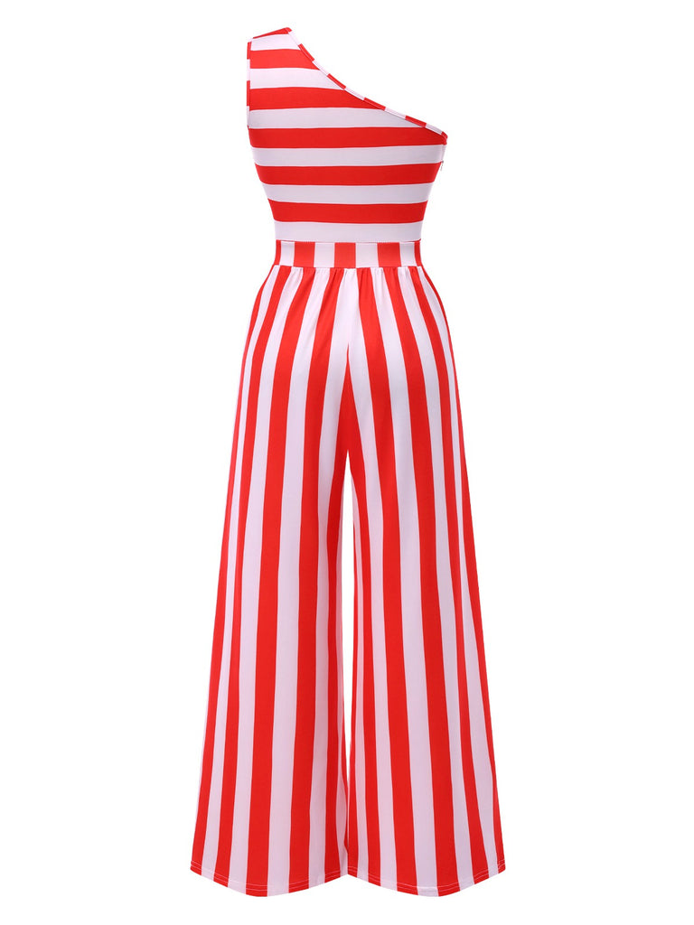 Red 1950s Striped One-Shoulder Jumpsuit, vintage romper, retro jumpsuit - perfect for women who love vintage and retro fashion