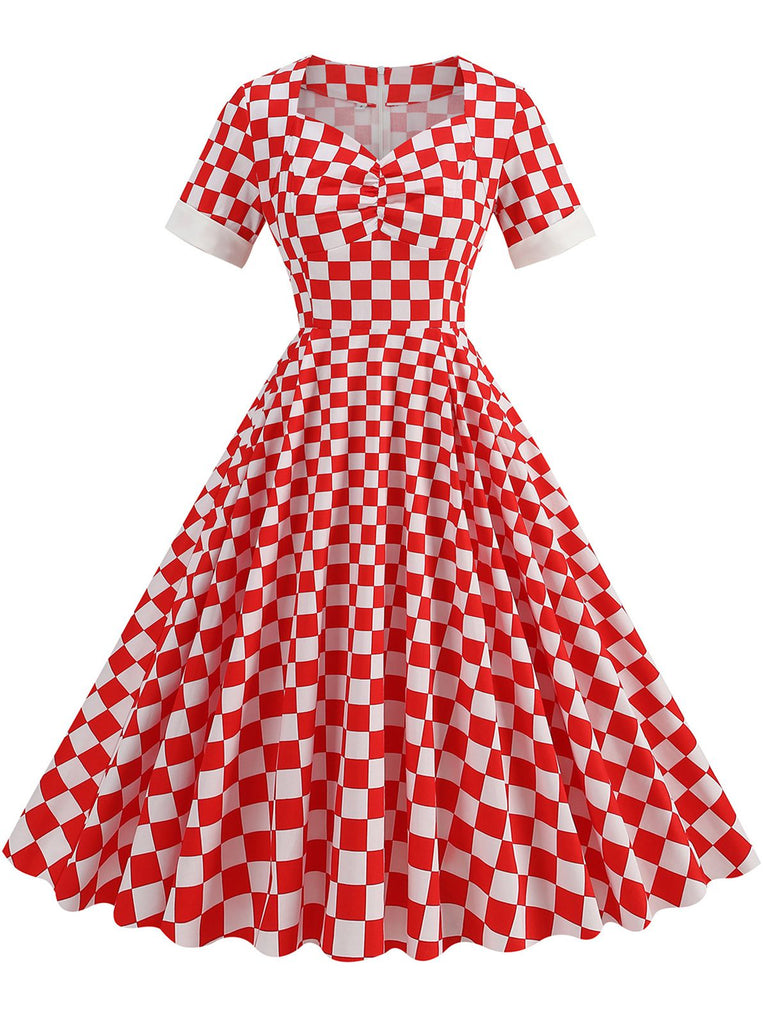 She slips into this Red 1950s Sweetheart Neck Plaids Dress and suddenly it's a 1950s daydream