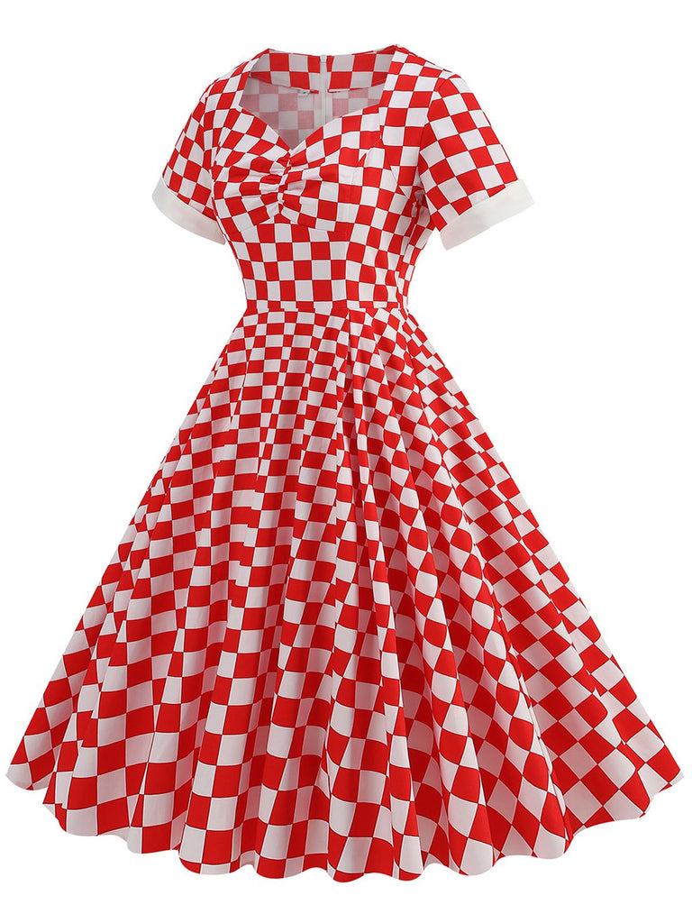 Red 1950s Sweetheart Neck Plaids Dress: where 1950s romance meets her modern spirit