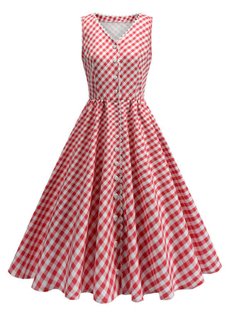 Red 1950s V-Neck Gingham Plaid Dress - vintage dress, retro fashion, rockabilly