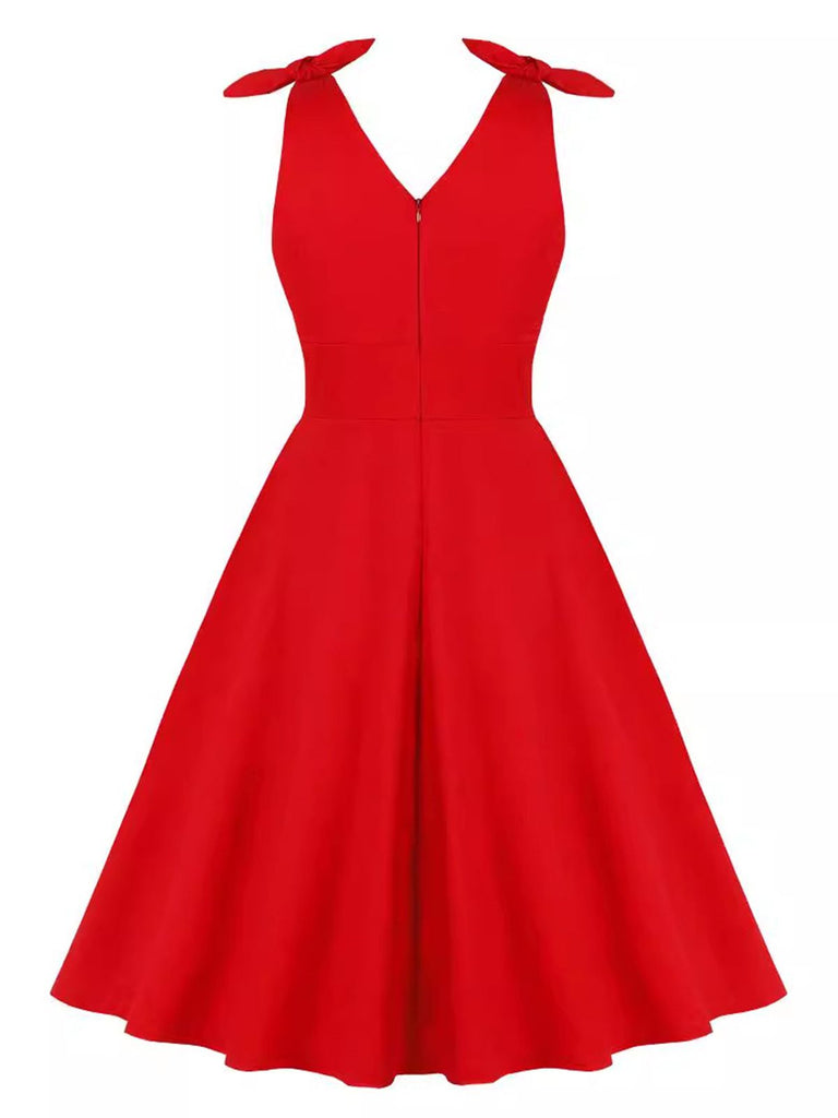 Red 1950s V-Neck Sleeveless Solid Dress: where 1950s romance meets her modern spirit