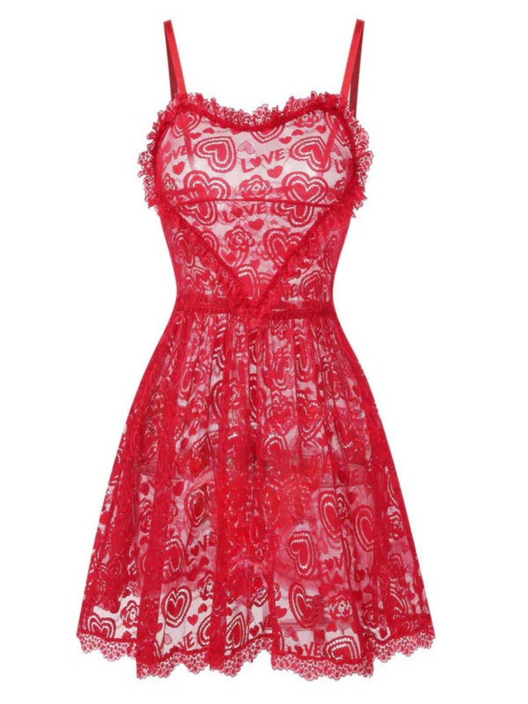 Red 1950s Valentine Hearts Lace Straps Nightdress: where 1950s romance meets her modern spirit