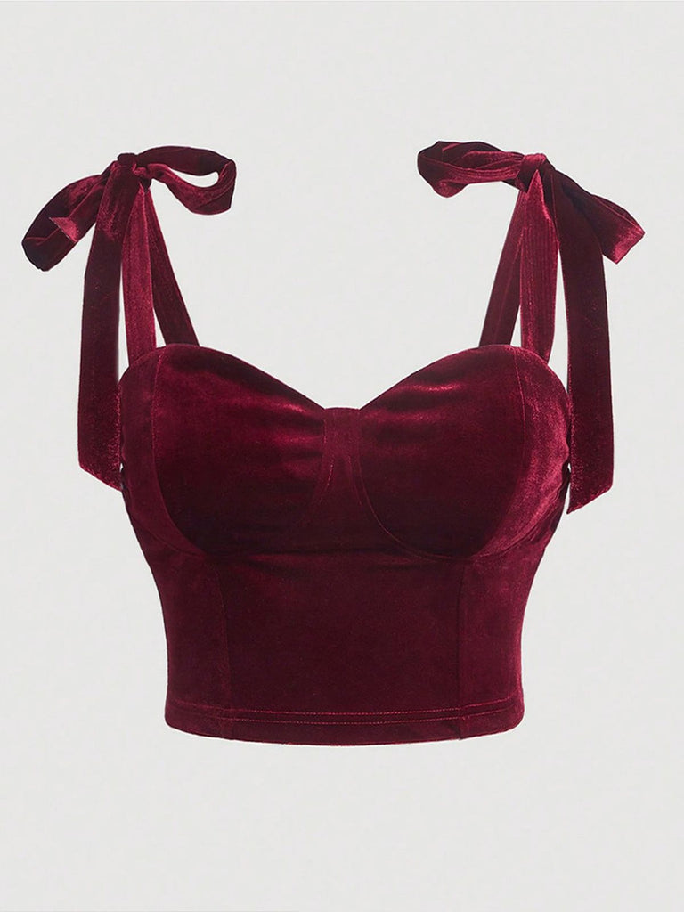 Red 1950s Velvet Lace-Up Bandeau Vest - vintage fashion, retro style, elegant red