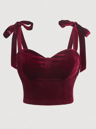 Red 1950s Velvet Lace-Up Bandeau Vest - vintage fashion, retro style, elegant red