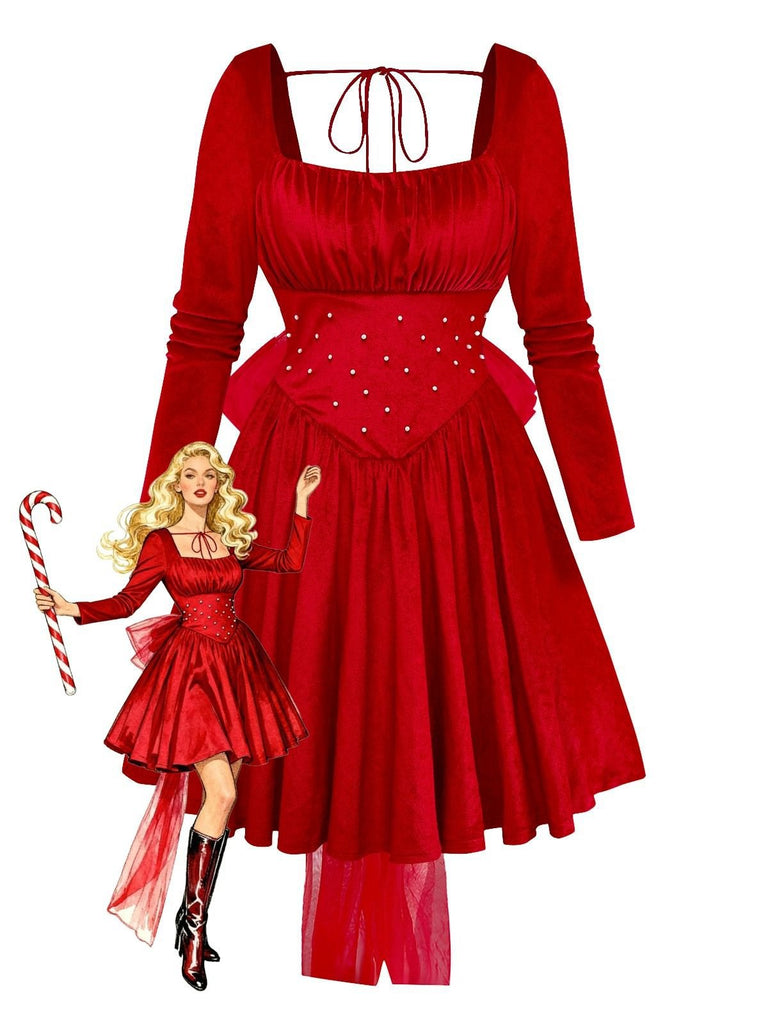 Red 1950s Velvet Pearl Ruched Tulle Bow Dress - vintage dress, retro fashion, rockabilly
