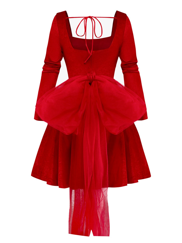 Red 1950s Velvet Pearl Ruched Tulle Bow Dress - vintage dress, retro fashion, rockabilly