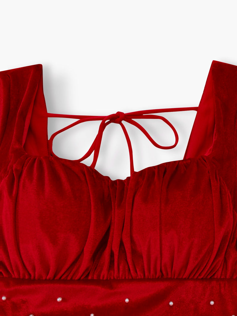 Red 1950s Velvet Pearl Ruched Tulle Bow Dress - vintage dress, retro fashion, rockabilly