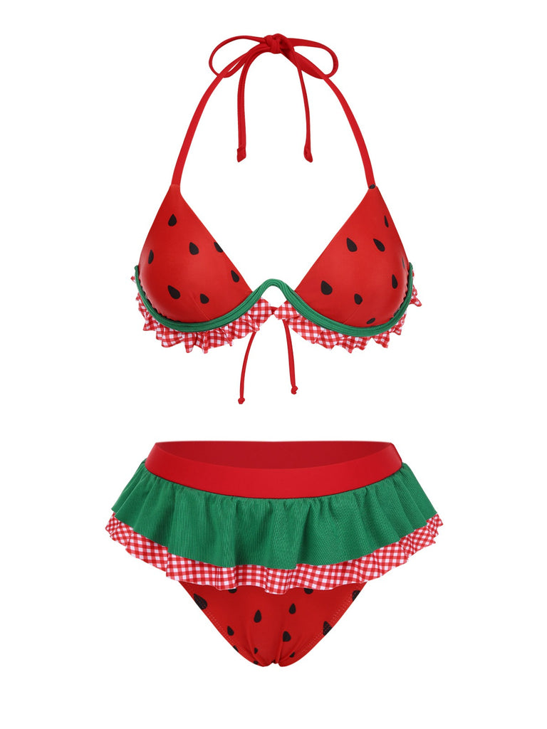Red 1950s Watermelon Ruffled Bikini Set - vintage fashion, retro style, elegant red