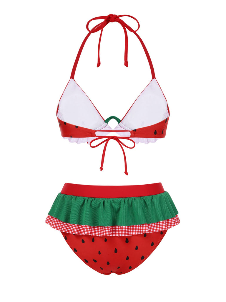Red 1950s Watermelon Ruffled Bikini Set - vintage fashion, retro style, elegant red