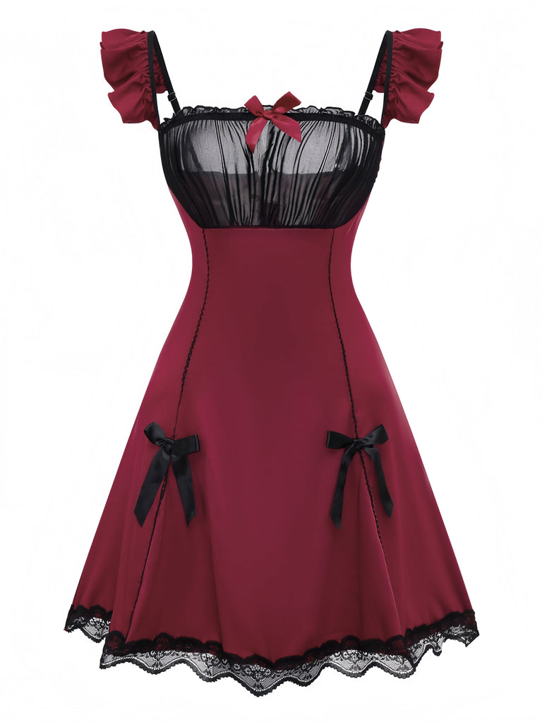 Red 1960s Bow Lace Patchwork Ruffled Nightgown - vintage nightgown, retro sleepwear, elegant red