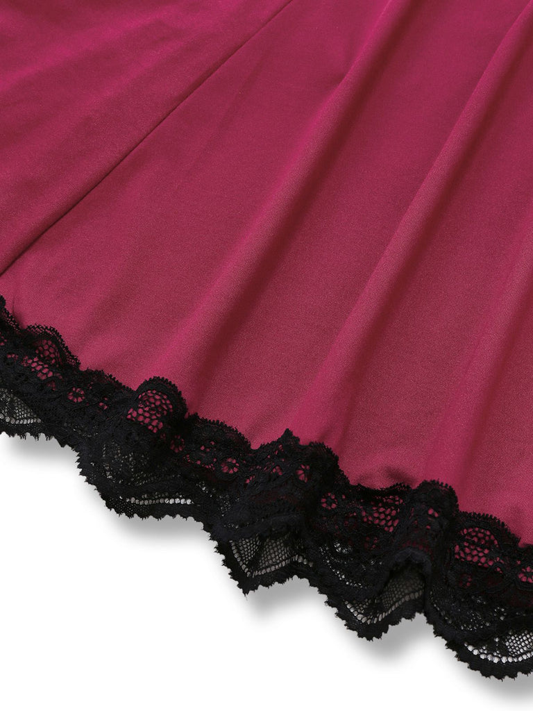 Red 1960s Bow Lace Patchwork Ruffled Nightgown - vintage nightgown, retro sleepwear, elegant red