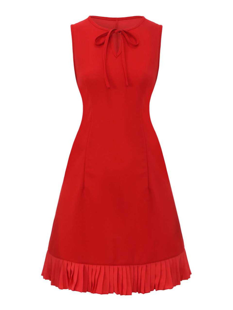 Red 1960s Bow Neck Ruffle Hem Sleeveless Dress - vintage dress, retro fashion, elegant red
