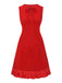 Red 1960s Bow Neck Ruffle Hem Sleeveless Dress - vintage dress, retro fashion, elegant red