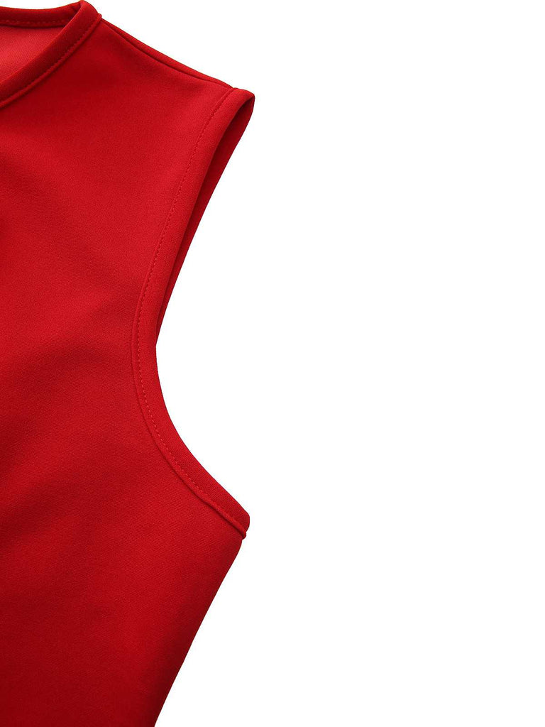 Red 1960s Bow Neck Ruffle Hem Sleeveless Dress - vintage dress, retro fashion, elegant red