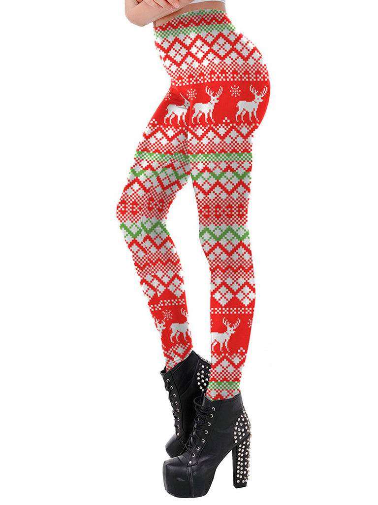 Red 1960s Christmas Elk Plaid Leggings, vintage fashion, retro style - perfect for women who love vintage and retro fashion