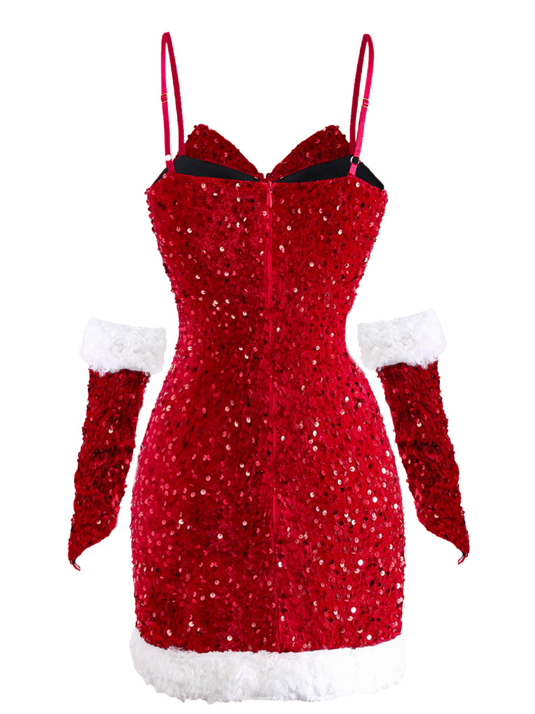 Red 1960s Christmas Sequined Twisted Dress Set - vintage dress, retro fashion, elegant red