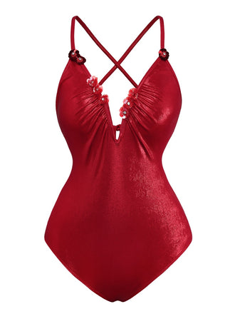 Red 1960s Deep-V Glitter 3D Floral One-Piece Swimsuit, vintage swimsuit, pin-up swimwear - perfect for women who love vintage and retro fashion