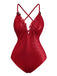 Red 1960s Deep-V Glitter 3D Floral One-Piece Swimsuit, vintage swimsuit, pin-up swimwear - perfect for women who love vintage and retro fashion