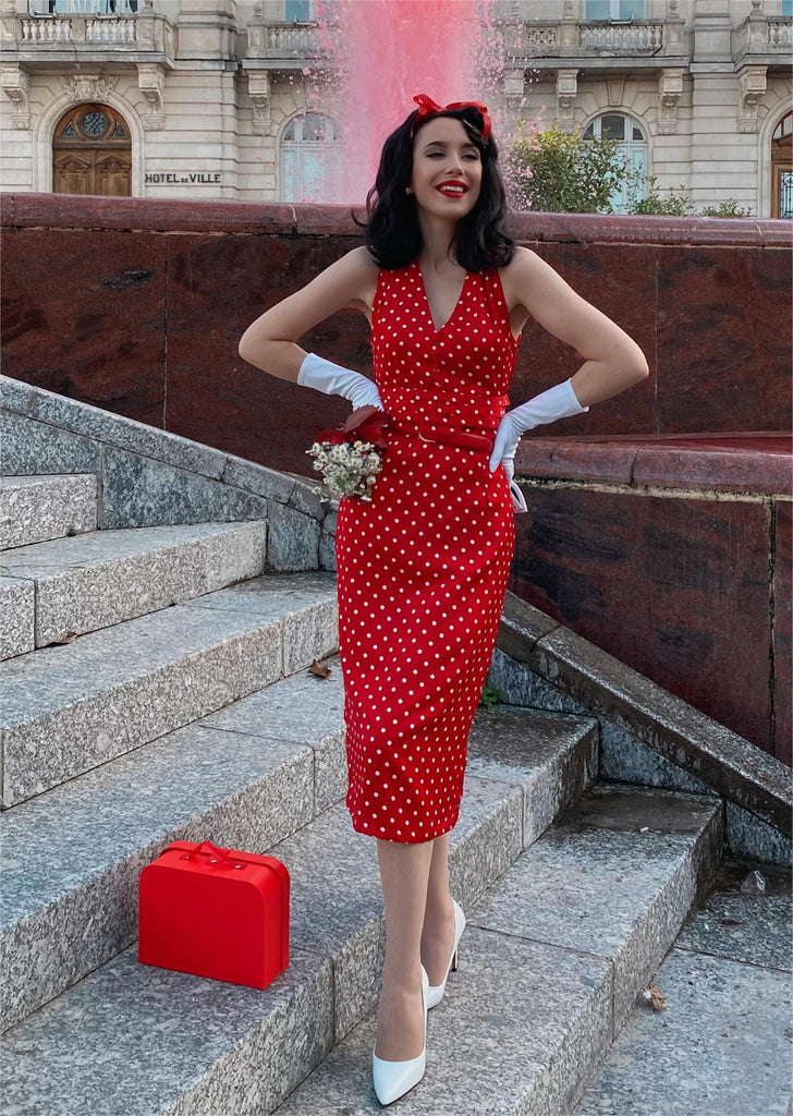 Red 1960s Dots V-Neck Pencil Dress — vintage elegance for the modern woman