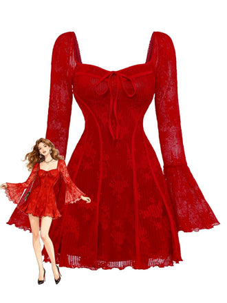 Red 1960s Floral Bow Bell-Sleeve Knit Dress - vintage dress, retro fashion, elegant red