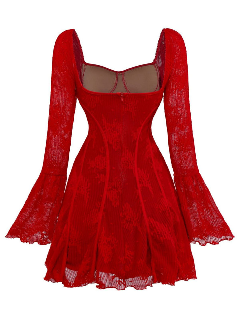 Red 1960s Floral Bow Bell-Sleeve Knit Dress - vintage dress, retro fashion, elegant red