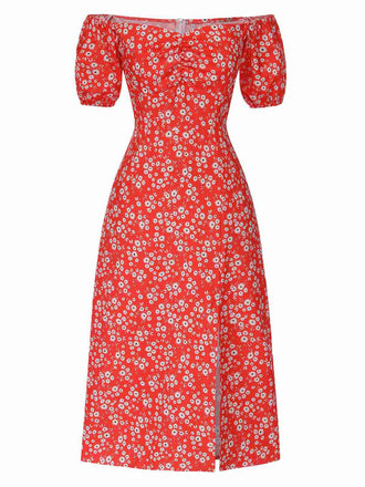 Red 1960s Floral Off-Shoulder Side Slit Dress, vintage dress, retro fashion, floral print - perfect for women who love vintage and retro fashion