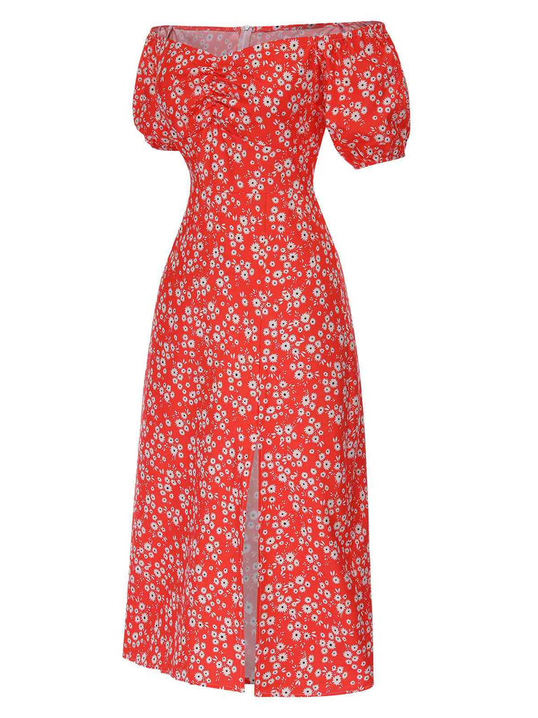 Red 1960s Floral Off-Shoulder Side Slit Dress, vintage dress, retro fashion, floral print - perfect for women who love vintage and retro fashion