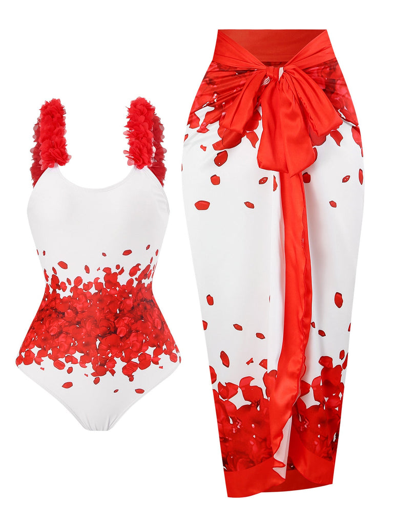 Red 1960s Floral Suspender Swimsuit Set - vintage swimsuit, pin-up style, elegant red
