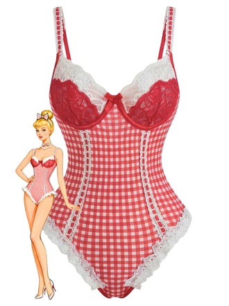 Red 1960s Gingham Lace Bow Bodysuit Lingerie - vintage fashion, retro style, elegant red