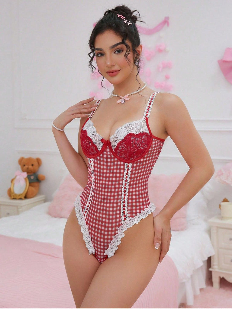 Red 1960s Gingham Lace Bow Bodysuit Lingerie - vintage fashion, retro style, elegant red