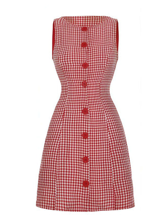 Red 1960s Gingham Plaid Button Sleeveless Dress - vintage dress, retro fashion, elegant red