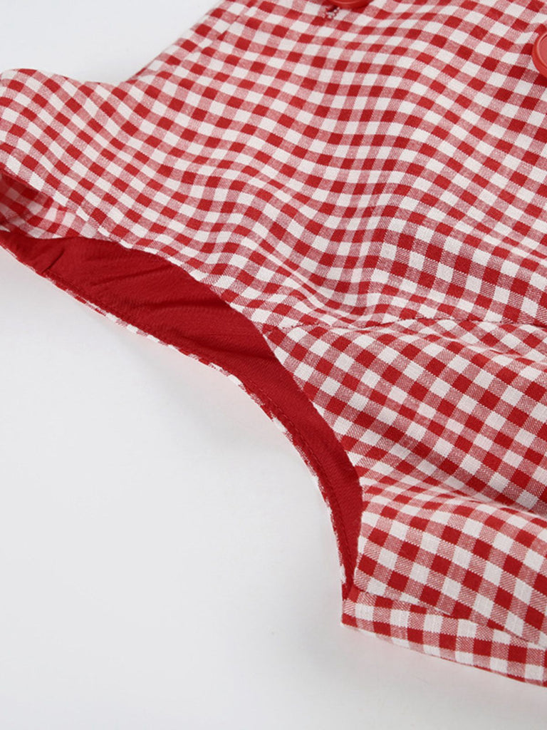 Red 1960s Gingham Plaid Button Sleeveless Dress - vintage dress, retro fashion, elegant red