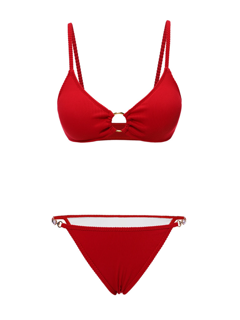 Red 1960s Glitter Ring Straps Bikini Set - vintage fashion, retro style, elegant red