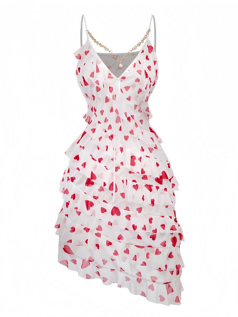 Red 1960s Heart Ruffled Mesh Slip Nightgown - vintage nightgown, retro sleepwear, elegant red