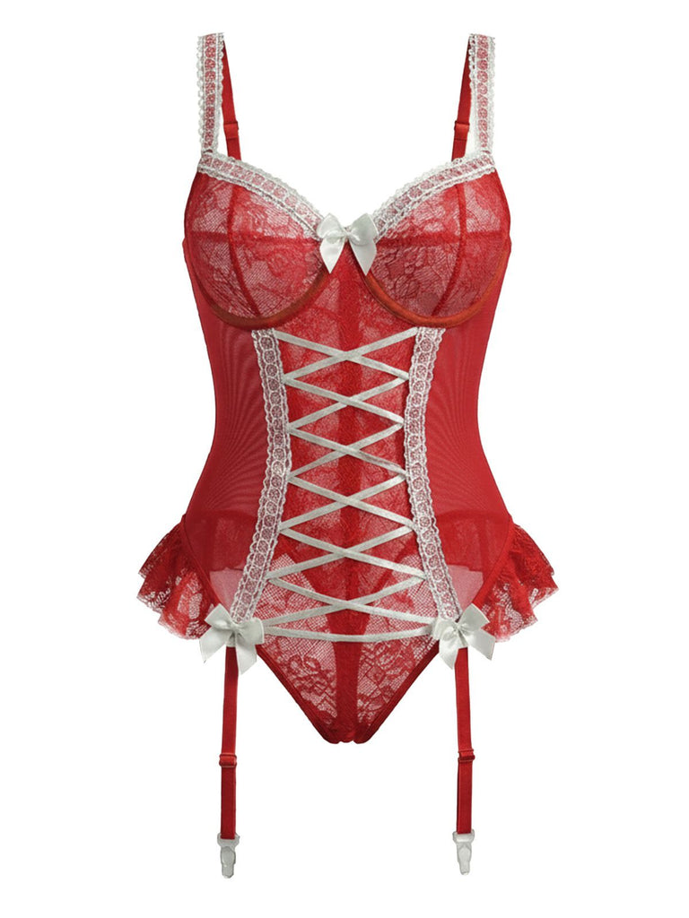 Red 1960s Lace Bow Corset Lingerie With Stocking - vintage fashion, retro style, elegant red