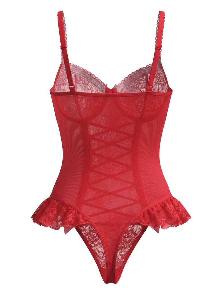 Red 1960s Lace Bow Corset Lingerie With Stocking - vintage fashion, retro style, elegant red
