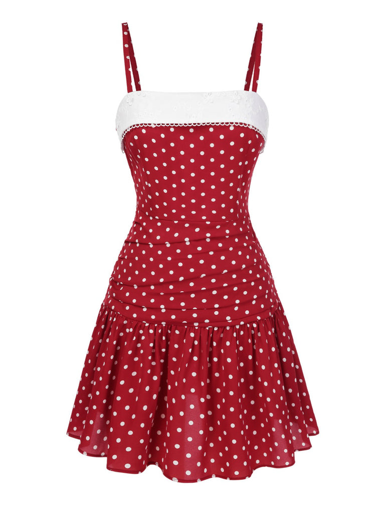 Red 1960s Lace Patchwork Polka Dots Pleated Dress - vintage dress, retro fashion, elegant red