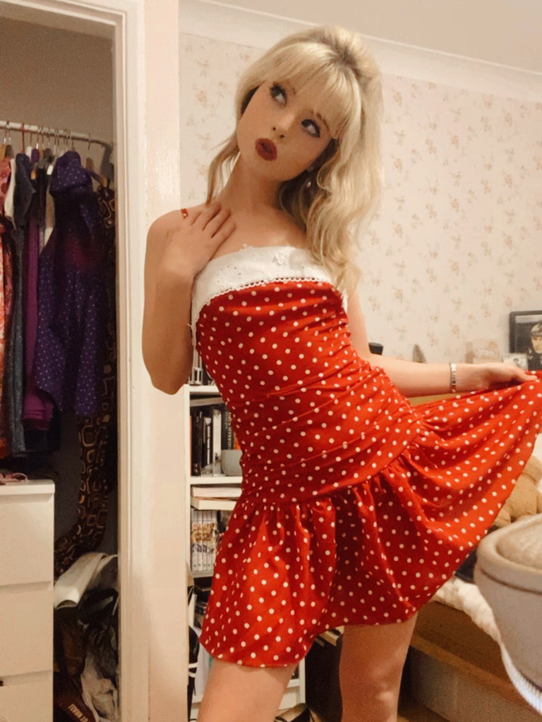 Red 1960s Lace Patchwork Polka Dots Pleated Dress - vintage dress, retro fashion, elegant red