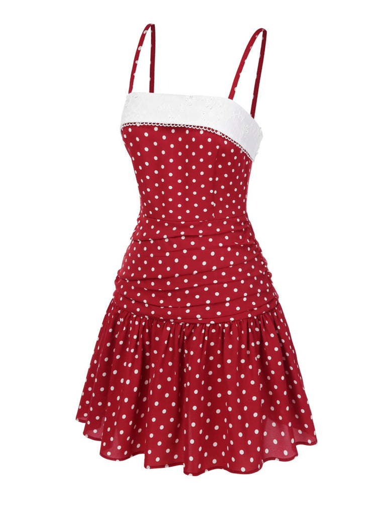 Red 1960s Lace Patchwork Polka Dots Pleated Dress - vintage dress, retro fashion, elegant red
