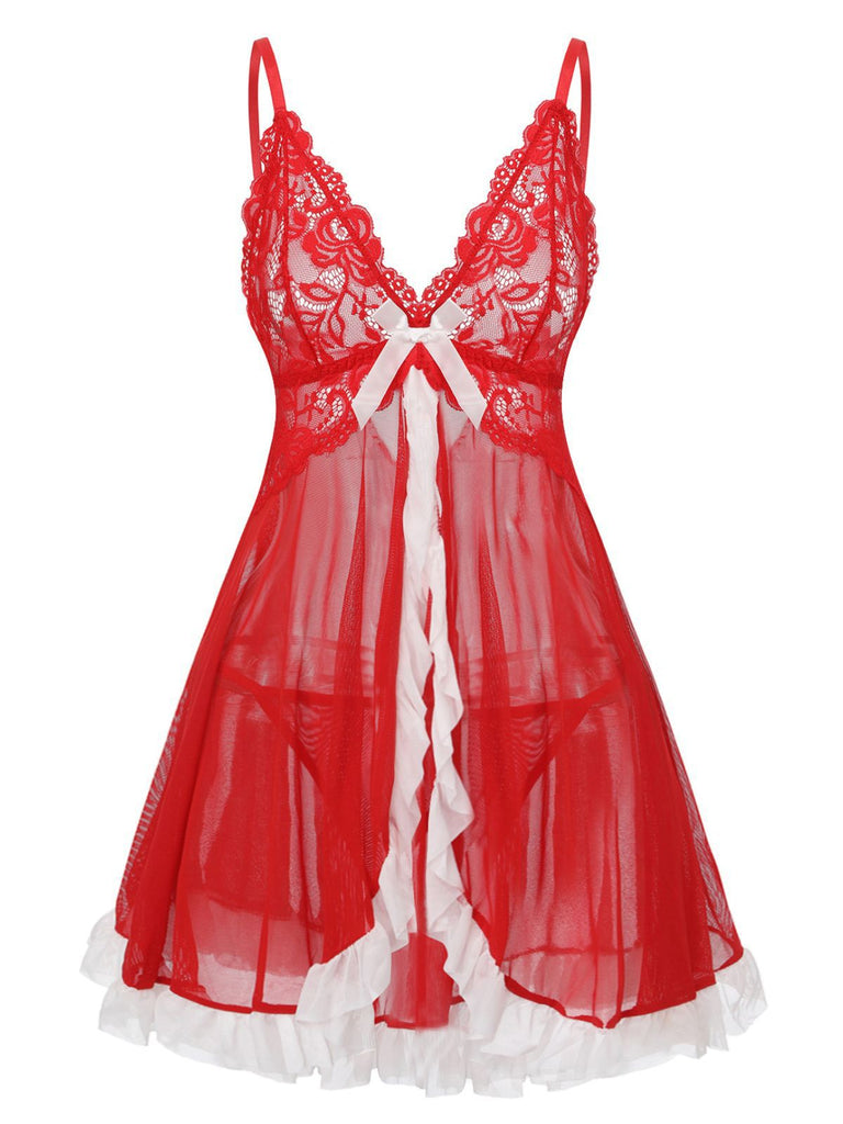 Red 1960s Lace Slip Nightgown Set - vintage nightgown, retro sleepwear, elegant red
